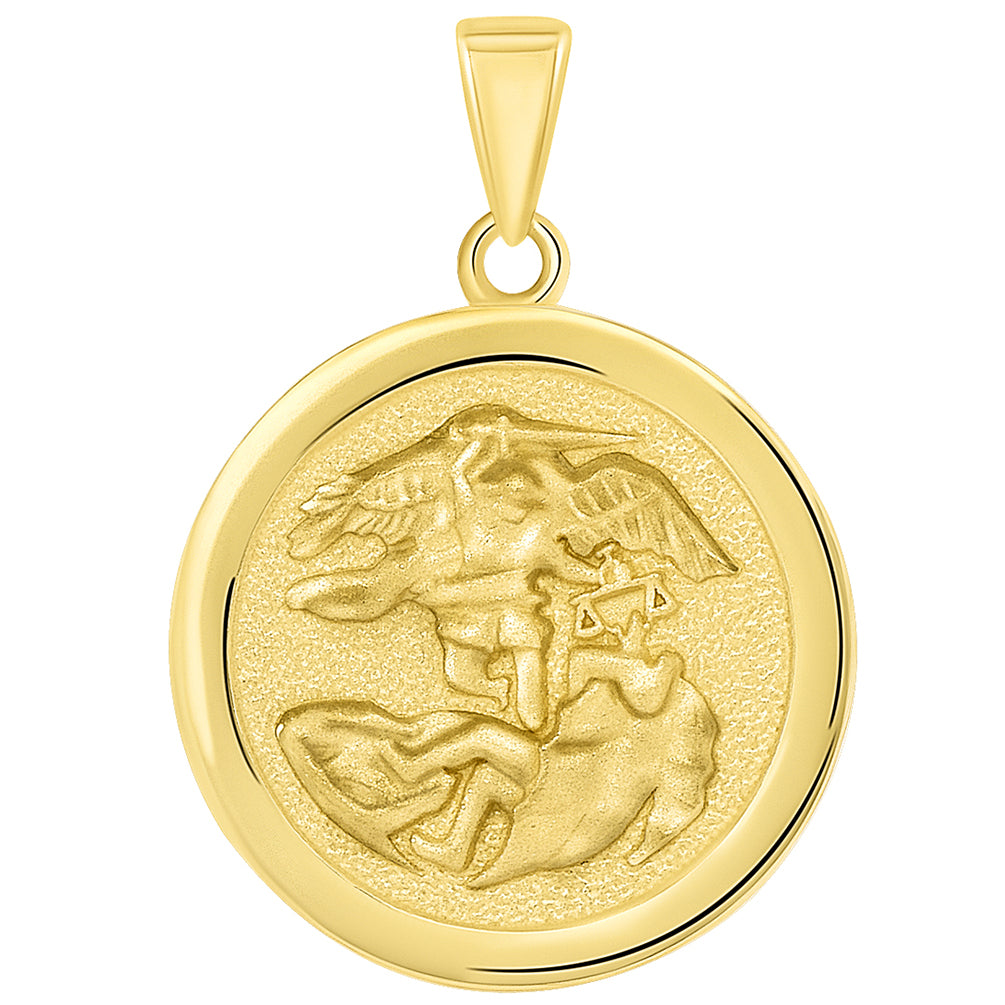 Solid 14k Yellow Gold Round Saint Michael the Archangel Medallion Pendant