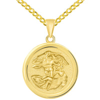Load image into Gallery viewer, Solid 14k Yellow Gold Round Saint Michael the Archangel Medallion Pendant with Curb Chain Necklace
