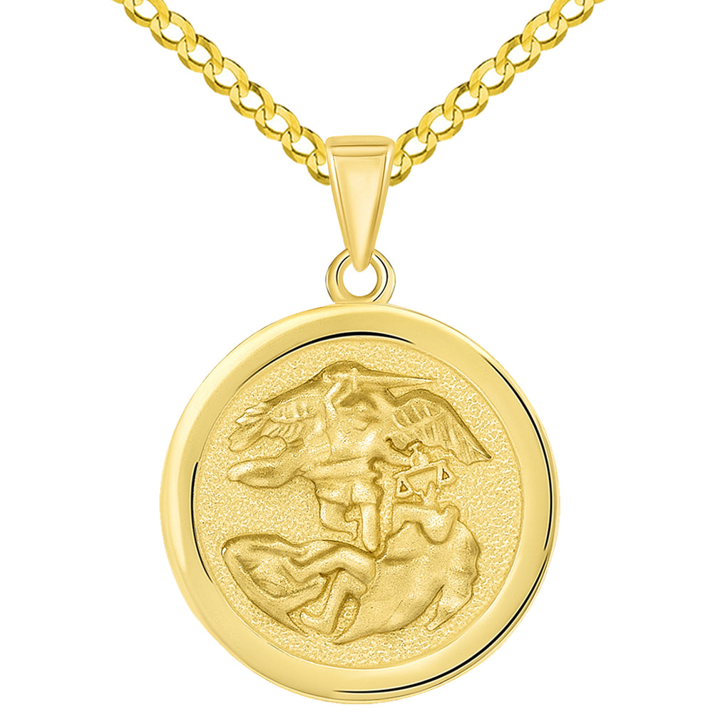 Solid 14k Yellow Gold Round Saint Michael the Archangel Medallion Pendant with Curb Chain Necklace