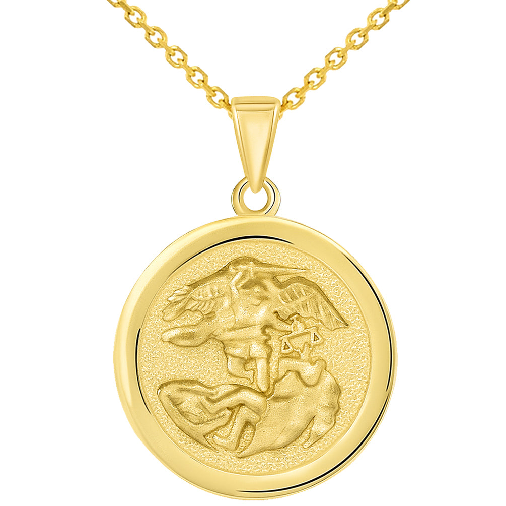 Solid 14k Yellow Gold Round Saint Michael the Archangel Medallion Pendant Necklace
