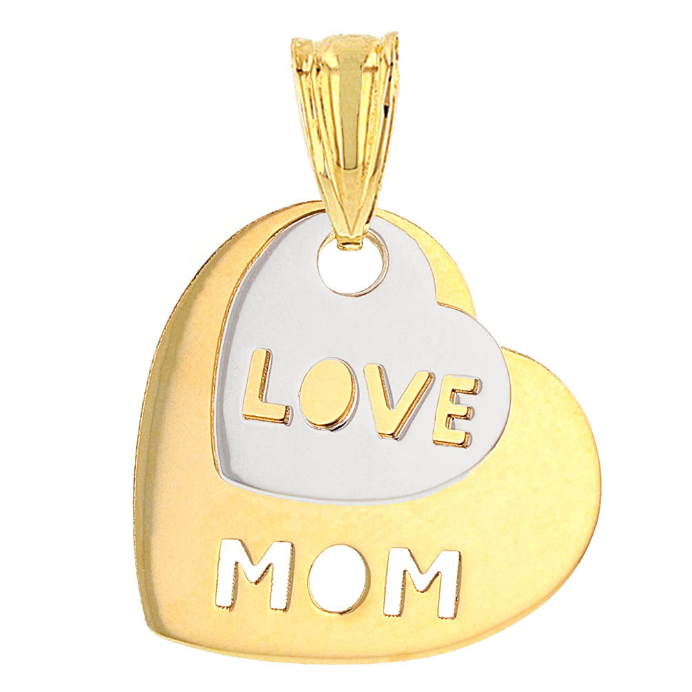 14K Two-Tone Gold Love Mom Double Heart Pendant