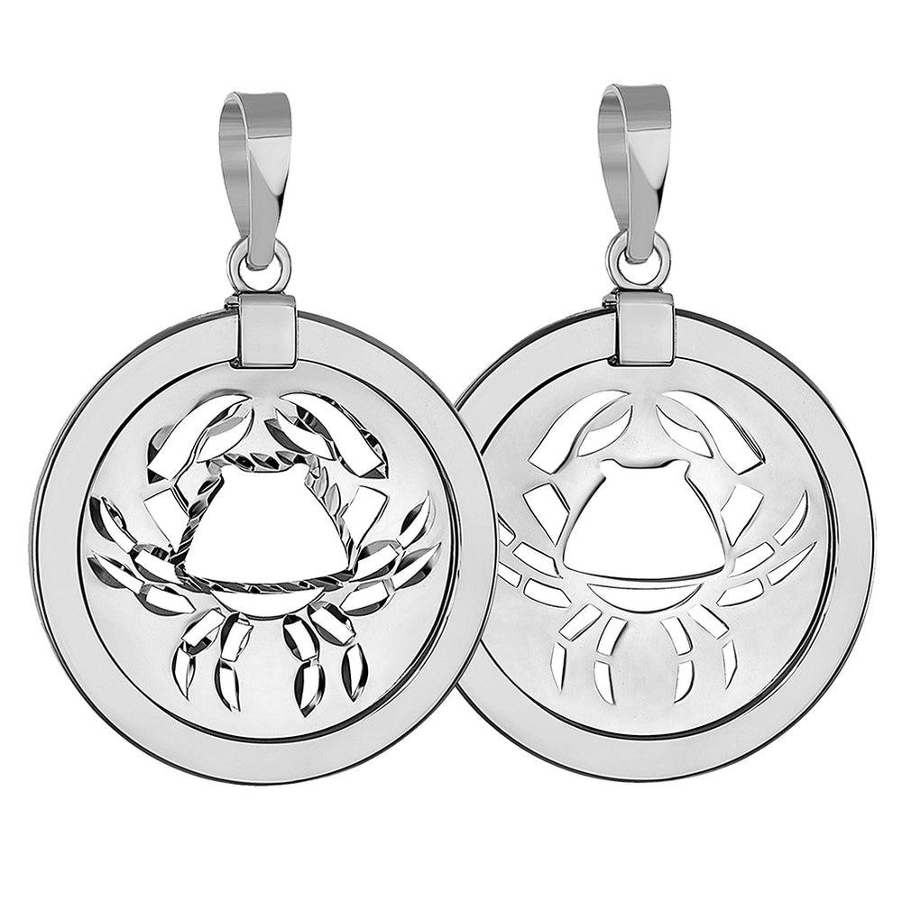 14k White Gold Round Cancer Zodiac Sign Crab Animal Medallion Pendant (Reversible)