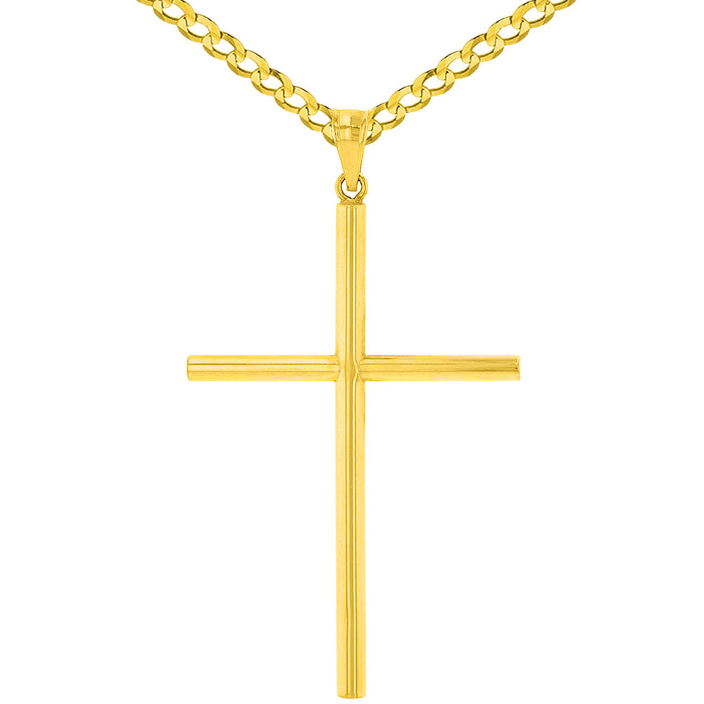 14K Yellow Gold Polished Large Plain Tube Cross Pendant with Cuban Chain Necklace