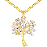 Load image into Gallery viewer, Solid 14K Yellow Gold Textured Elegant Tree of Life Pendant with Cuban Chain Necklace
