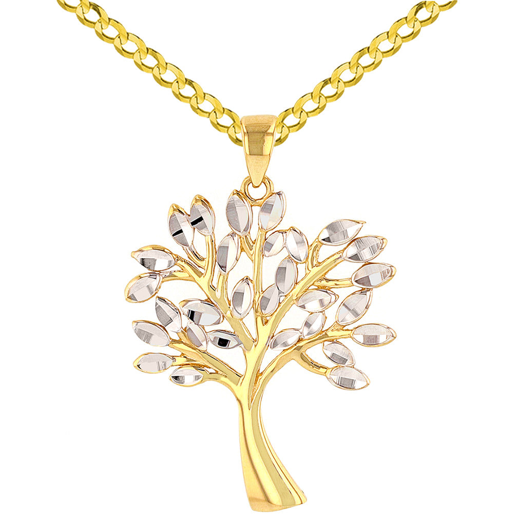 Solid 14K Yellow Gold Textured Elegant Tree of Life Pendant with Cuban Chain Necklace