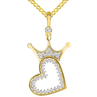 Load image into Gallery viewer, 14k Yellow Gold CZ Crowned Open Sideways Heart Pendant Cuban Necklace
