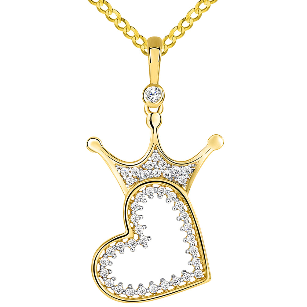 14k Yellow Gold CZ Crowned Open Sideways Heart Pendant Cuban Necklace