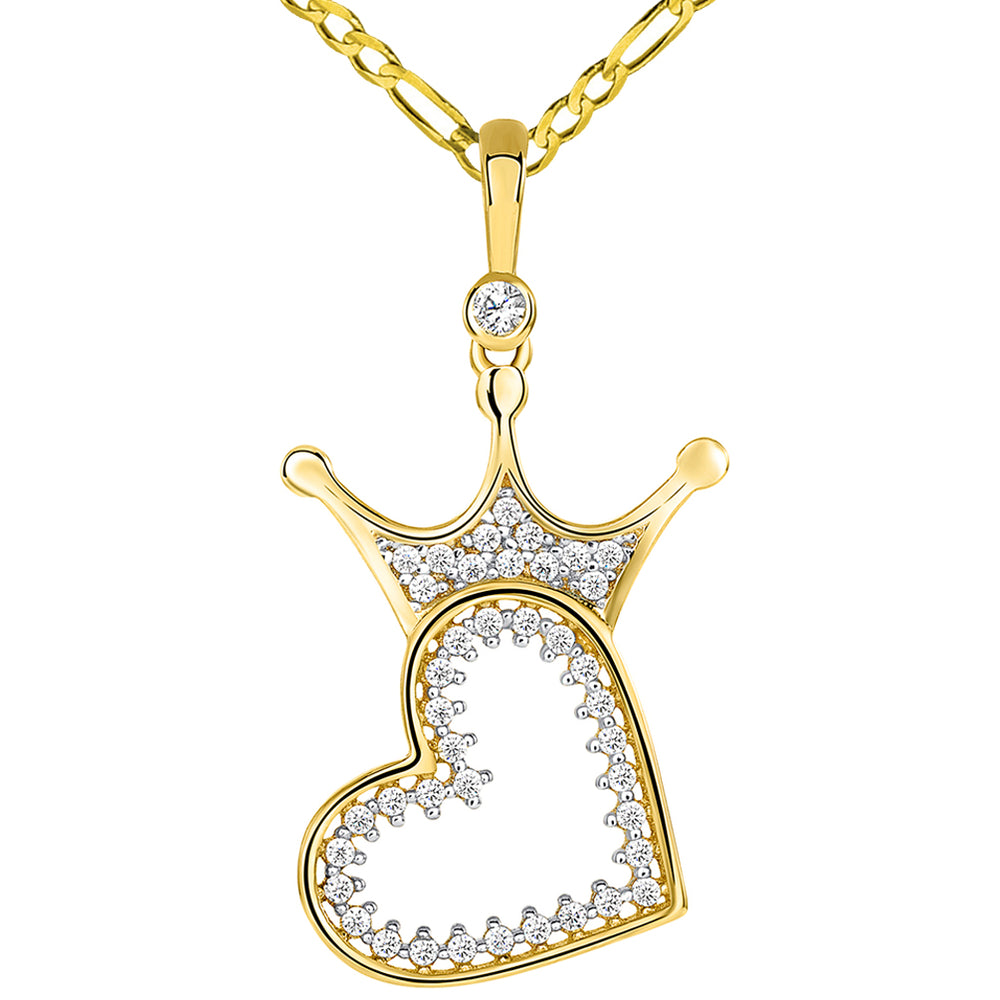 CZ Crowned Open Sideways Heart Pendant Figaro Necklace