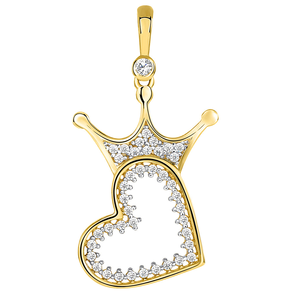 14k Yellow Gold Crowned Open Sideways Heart Pendant with Cubic Zirconia Stones