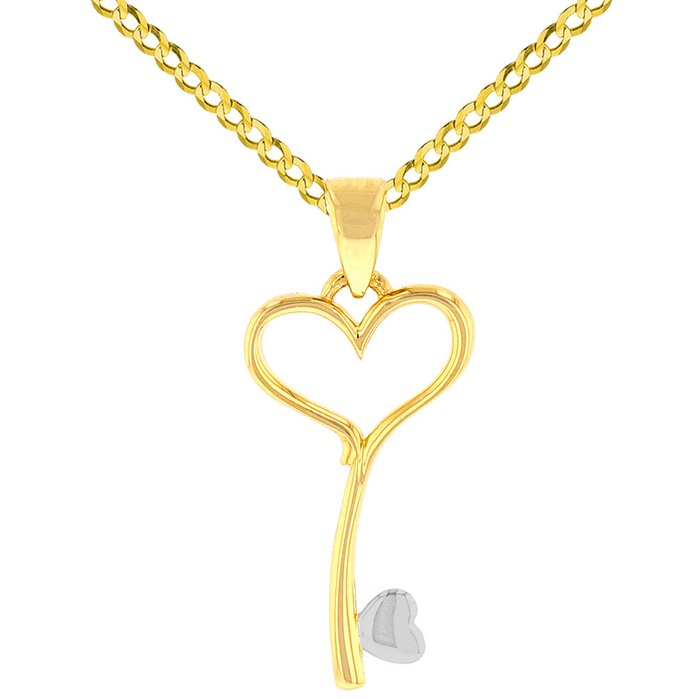 Solid 14K Yellow Gold Open Heart Love Curved Key Pendant with Cuban Chain Necklace