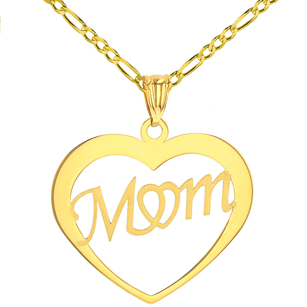 14K Yellow Gold Simple Heart with Mom Pendant