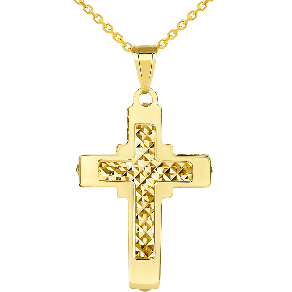 14k Yellow Gold Plain and Textured Double Layer Quadrate Cross Pendant Necklace