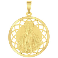 Load image into Gallery viewer, 14k Yellow Gold Round Open Ornate Miraculous Medal of Virgin Mary Pendant with Figaro Chain Necklace
