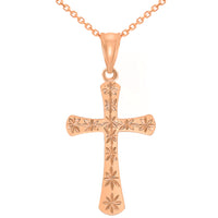 Load image into Gallery viewer, High Polished 14k Rose Gold Textured Star Cut Religious Cross Pendant Necklace with Rolo Cable Chain
