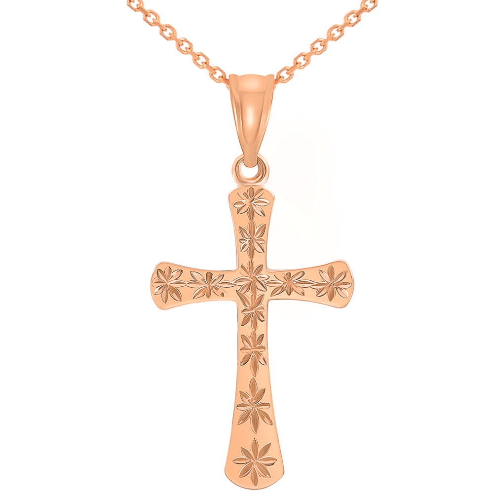 High Polished 14k Rose Gold Textured Star Cut Religious Cross Pendant Necklace with Rolo Cable Chain