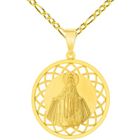 Load image into Gallery viewer, 14k Yellow Gold Round Open Ornate Miraculous Medal of Virgin Mary Pendant with Figaro Chain Necklace
