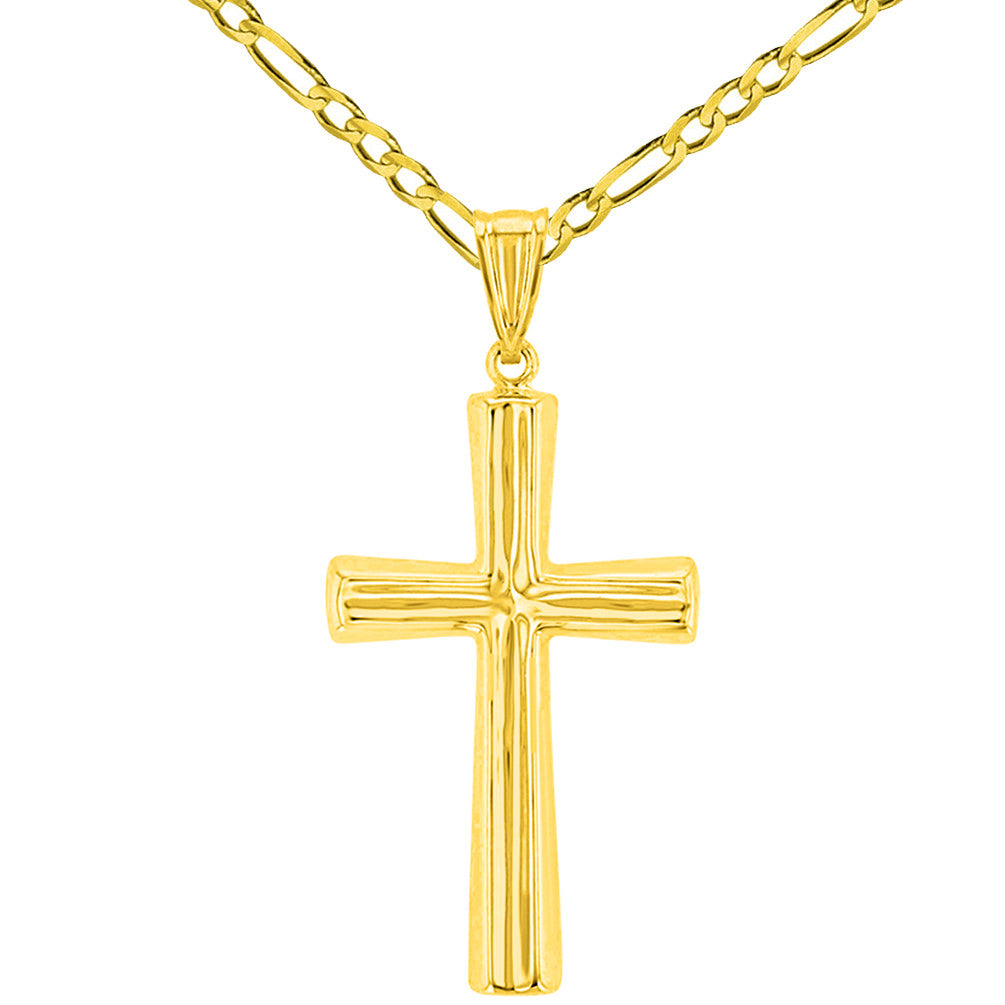Polished 14K Yellow Gold Plain Religious Cross Pendant with Figaro Chain Necklace