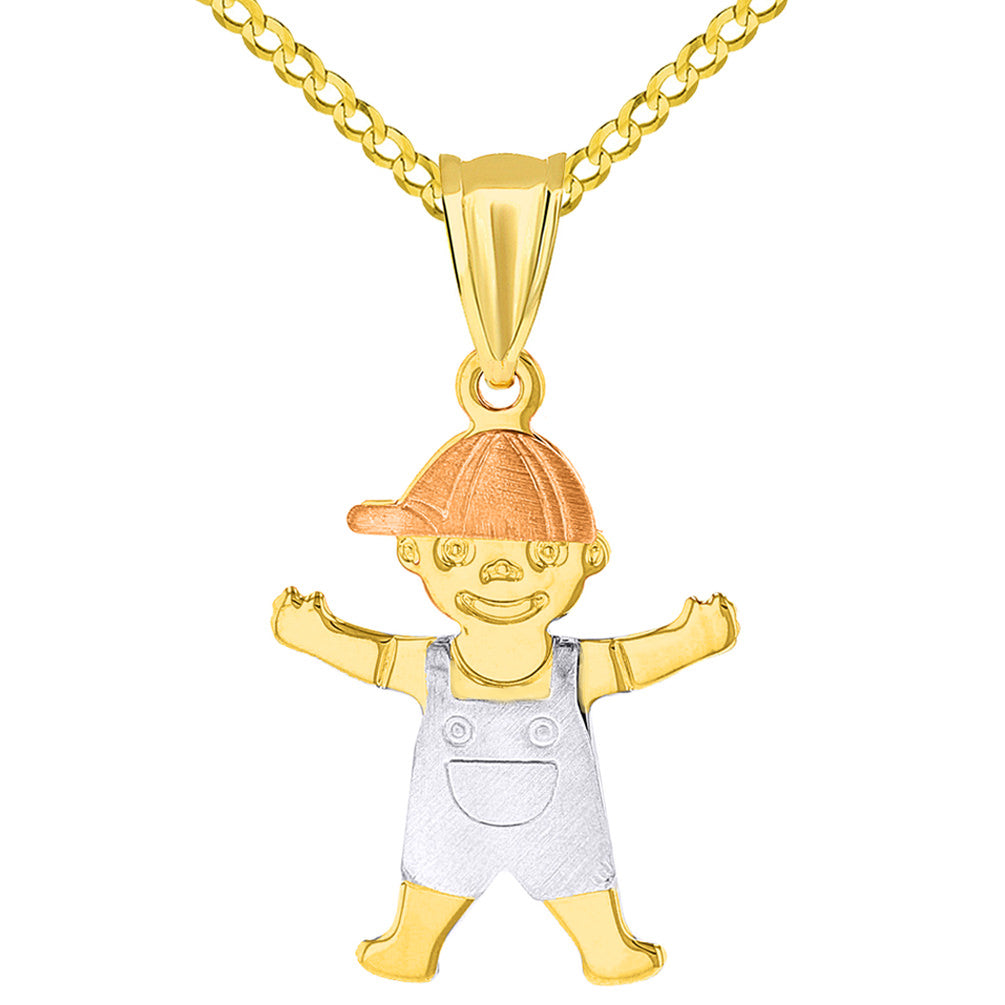 14k Tri Color Gold Little Boy Child Pendant with Cuban Necklace