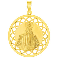 Load image into Gallery viewer, 14k Yellow Gold Round Open Ornate Miraculous Medal of Virgin Mary Pendant Necklace
