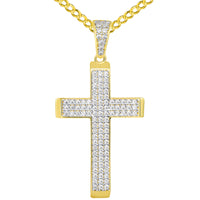 Load image into Gallery viewer, 14k Yellow Gold Cubic Zirconia Beveled Edge Classic Cross Pendant Cuban Necklace
