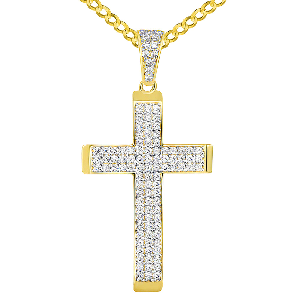 14k Yellow Gold Cubic Zirconia Beveled Edge Classic Cross Pendant Cuban Necklace