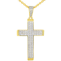 Load image into Gallery viewer, 14k Yellow Gold Cubic Zirconia Beveled Edge Classic Cross Pendant Necklace
