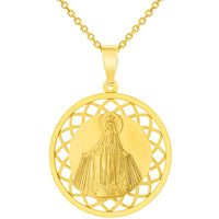 Load image into Gallery viewer, 14k Yellow Gold Round Open Ornate Miraculous Medal of Virgin Mary Pendant Necklace
