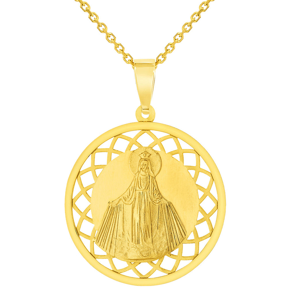14k Yellow Gold Round Open Ornate Miraculous Medal of Virgin Mary Pendant Necklace