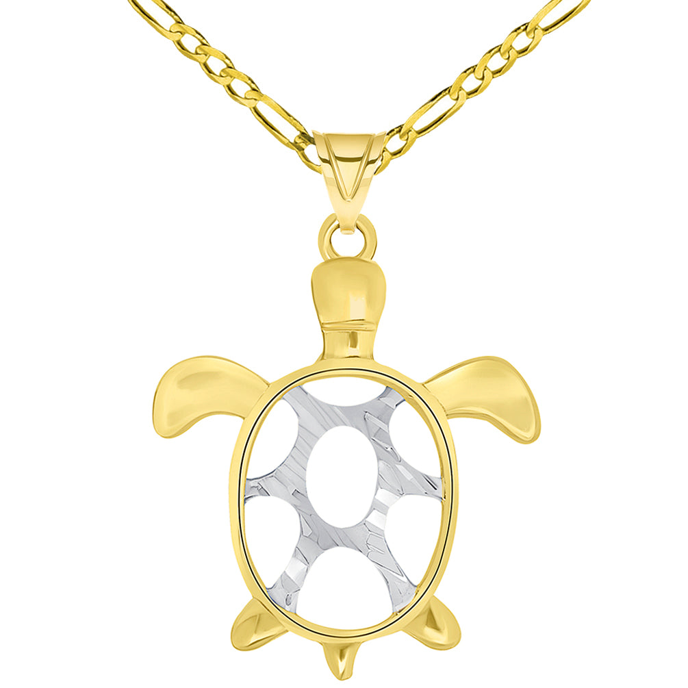 Two Tone 14k Gold Sea Turtle Pendant Necklace
