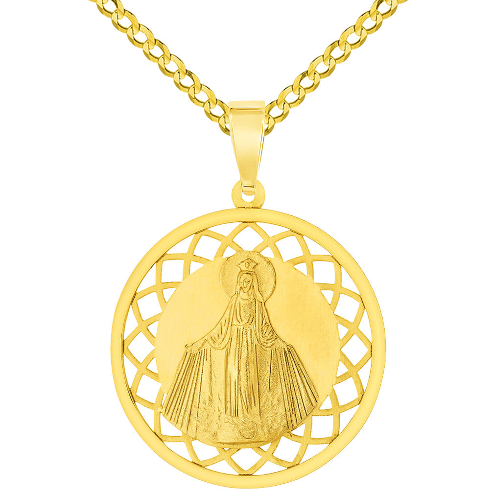 14k Yellow Gold Ornate Miraculous Medal of Virgin Mary Pendant with Cu Jewelry America