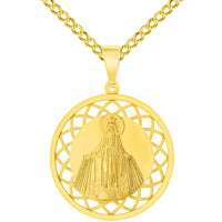 Load image into Gallery viewer, 14k Yellow Gold Round Open Ornate Miraculous Medal of Virgin Mary Pendant with Cuban Chain Curb Necklace

