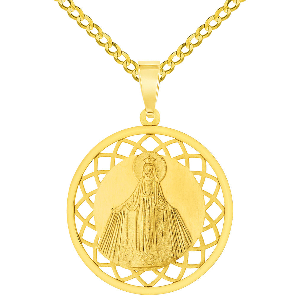 14k Yellow Gold Round Open Ornate Miraculous Medal of Virgin Mary Pendant with Cuban Chain Curb Necklace