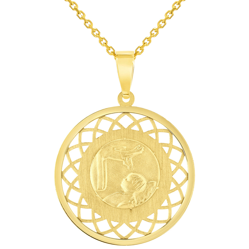 14k Yellow Gold Religious Baptism Christening On Round Open Ornate Medal Pendant Necklace