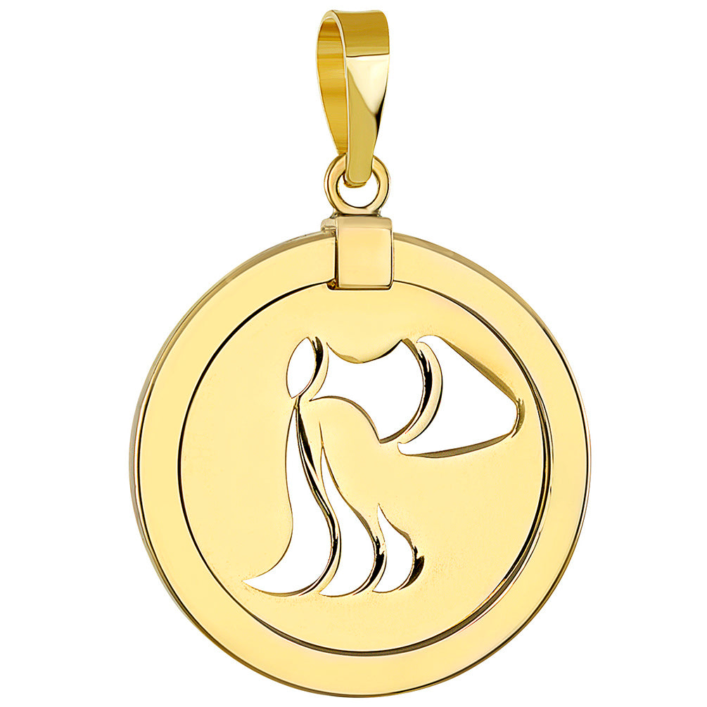 14K Yellow Gold Reversible Round Aquarius Zodiac Sign Pendant