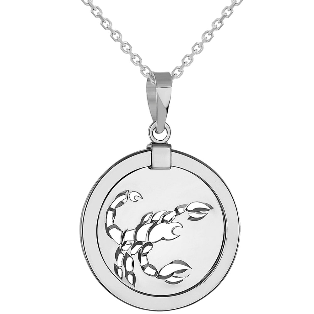 14k White Gold Round Scorpion Scorpio Zodiac Sign Medallion Pendant Necklace (Reversible)