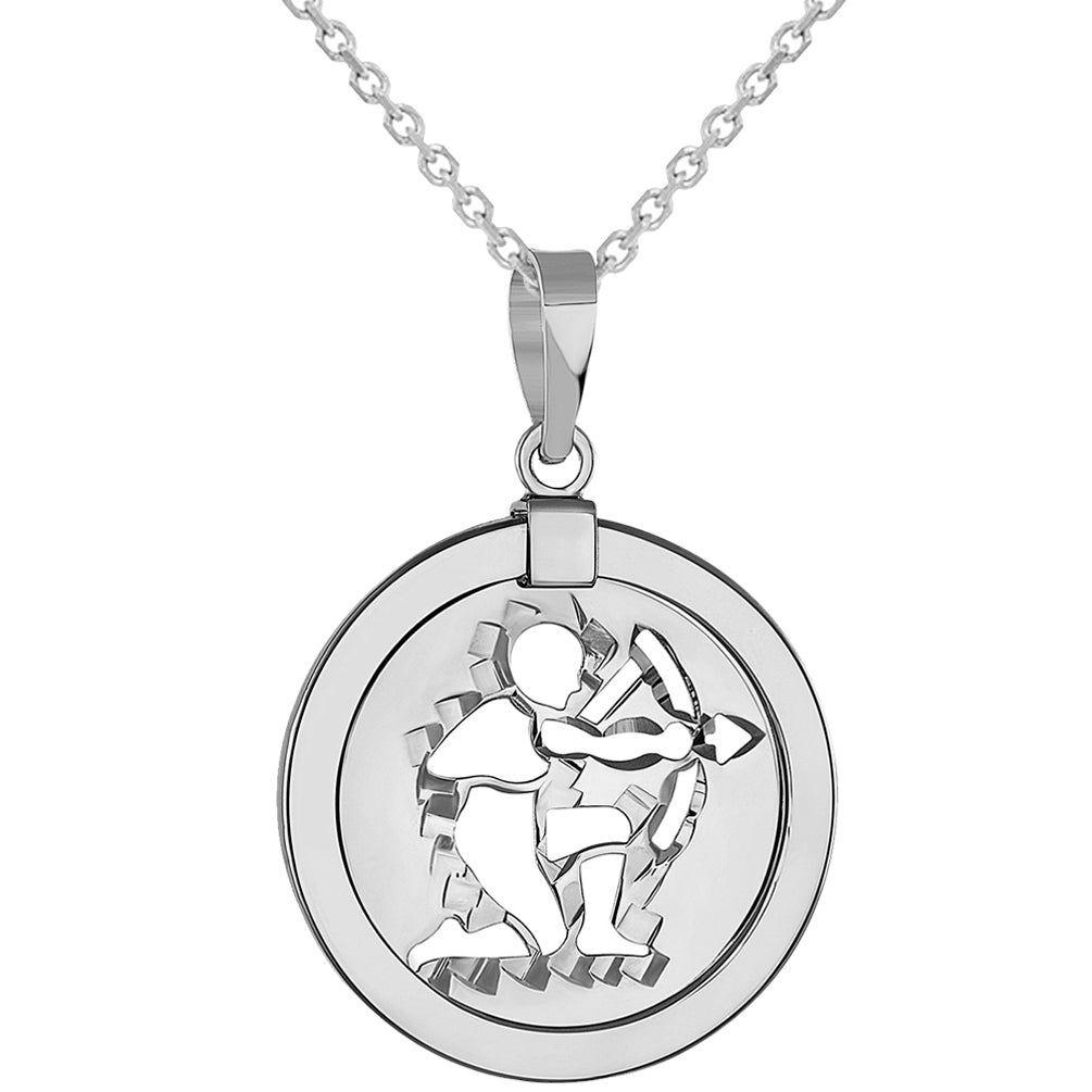14k White Gold Round Sagittarius Zodiac Sign Archer Shooting Arrow Medallion Pendant Necklace (Reversible)