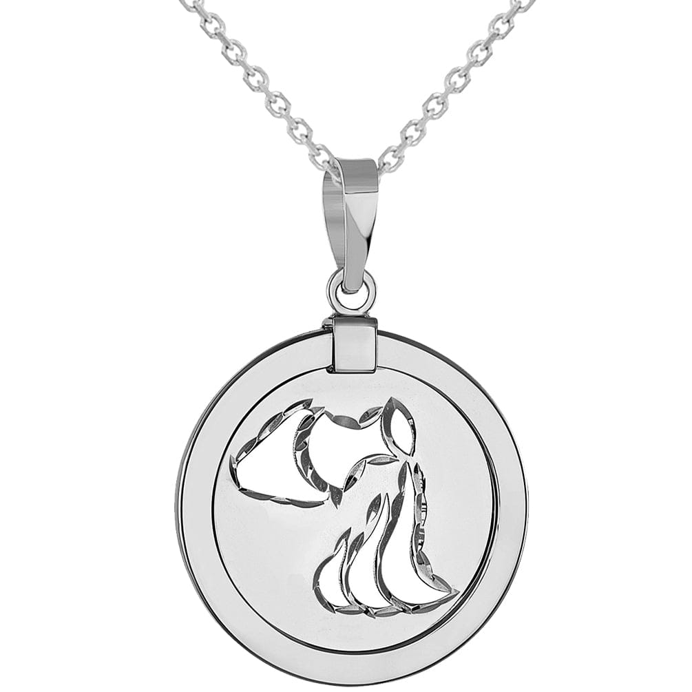 14k White Gold Round Aquarius Zodiac Sign Medallion Pendant Necklace (Reversible)