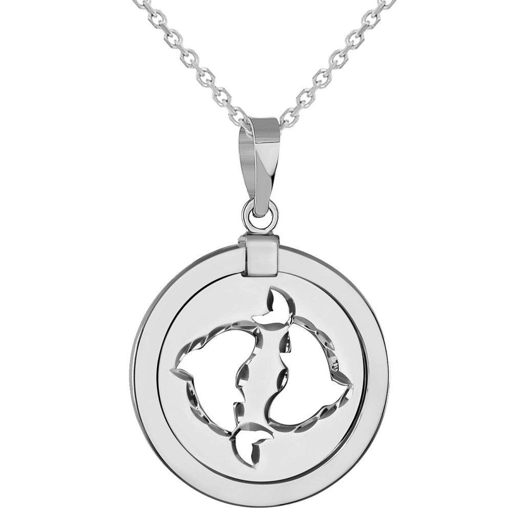 14k White Gold Round Pisces Zodiac Sign Fish Animal Medallion Pendant Necklace (Reversible)