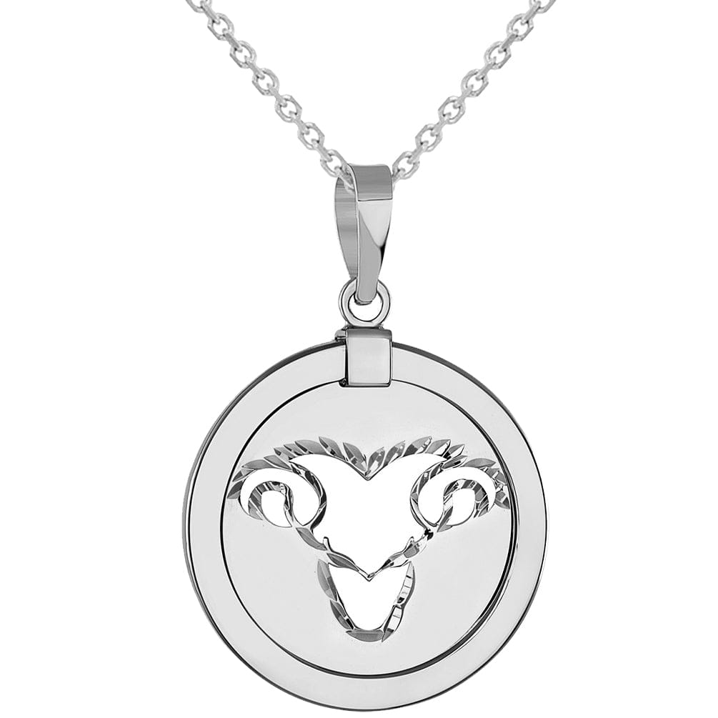 14K White Gold Round Aries Ram Zodiac Sign Animal Medallion Pendant Necklace Reversible 22 Inches