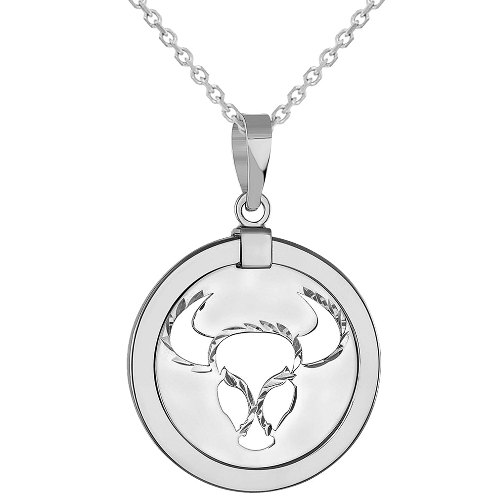 14k White Gold Round Taurus Zodiac Sign Bull Animal Medallion Pendant Necklace (Reversible)