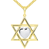 Load image into Gallery viewer, 14k Yellow Gold Jewish Love Star of David with Heart Pendant with Cuban Chain Necklace
