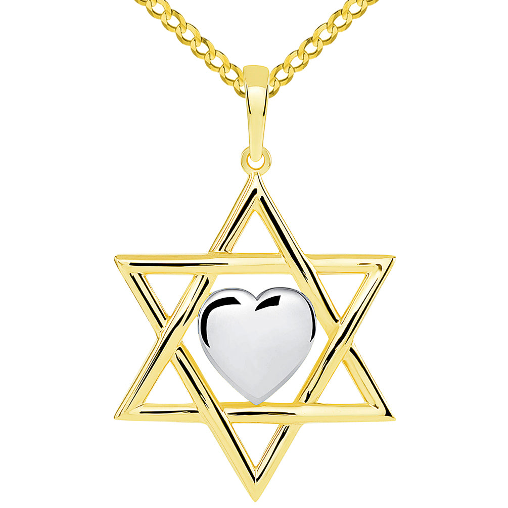 14k Yellow Gold Jewish Love Star of David with Heart Pendant with Cuban Chain Necklace
