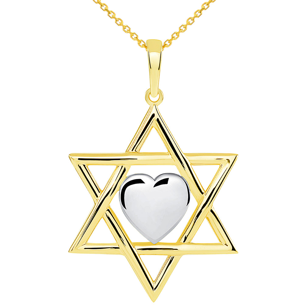 14k Yellow Gold Jewish Love Star of David with Heart Pendant Necklace