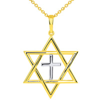 Load image into Gallery viewer, 14k Yellow Gold Large Jewish Star of David with Religious Cross Judeo Christian Pendant Necklace
