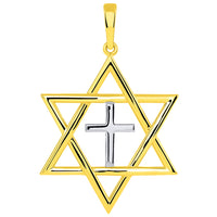 Load image into Gallery viewer, 14k Yellow Gold Large Jewish Star of David with Religious Cross Judeo Christian Pendant Necklace

