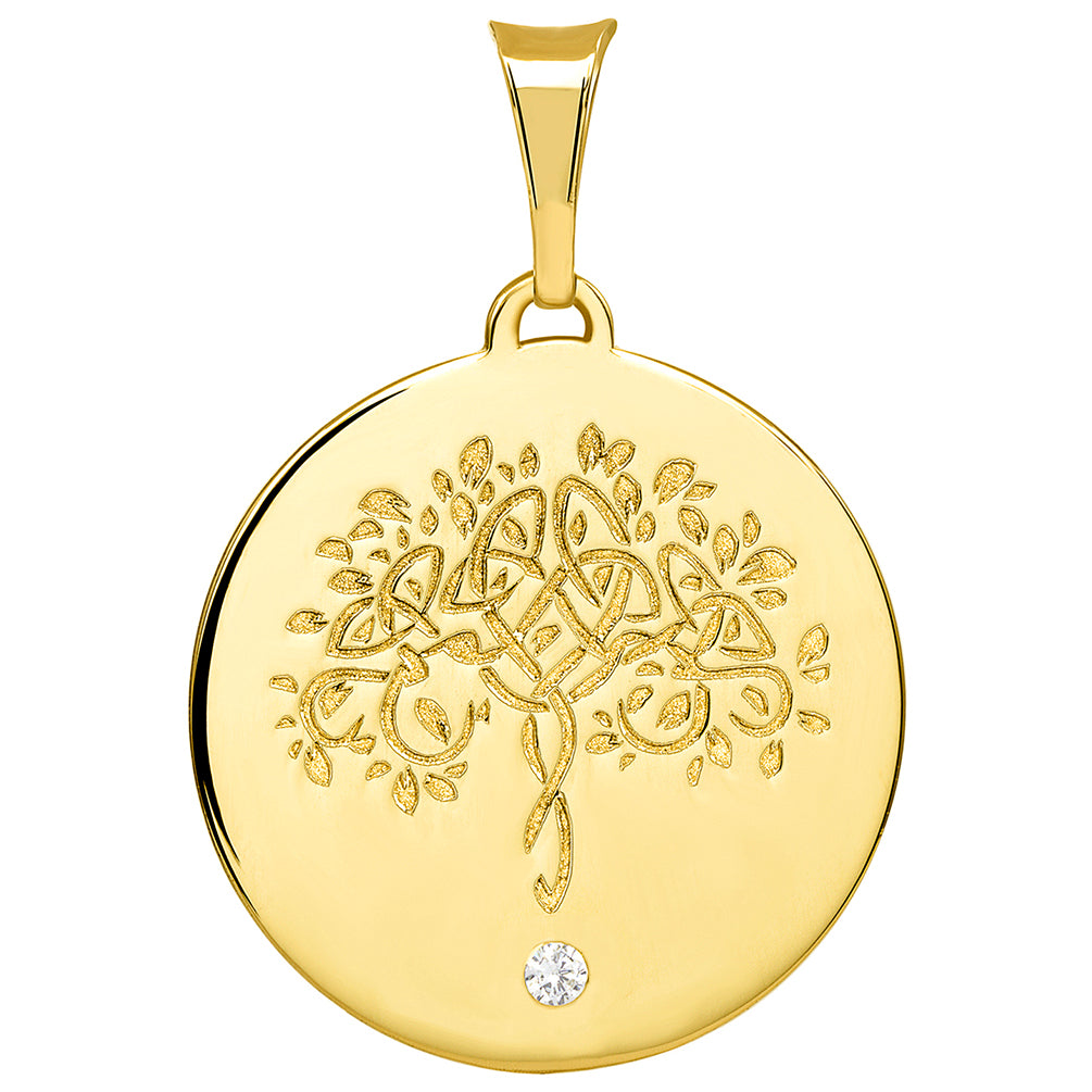 14k Solid Yellow Gold Hand Engraved Tree of Life CZ Round Medallion Pendant