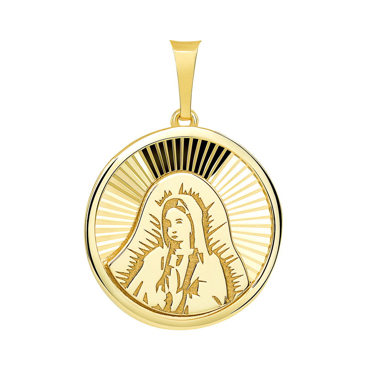 14k Yellow Gold Hand Engraved Our Lady Of Guadalupe Miraculous Round Medal Pendant