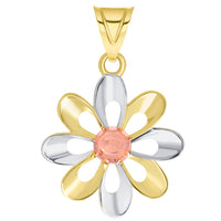 Load image into Gallery viewer, 14k Yellow Gold and Rose Gold High Polish Tri-Tone Open Daisy Charm Pendant Available with Figaro Chain
