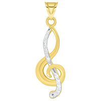 Load image into Gallery viewer, 14k Yellow Gold Textured G Clef Charm Two Tone Musical Note Pendant Necklace Available with Figaro Chain
