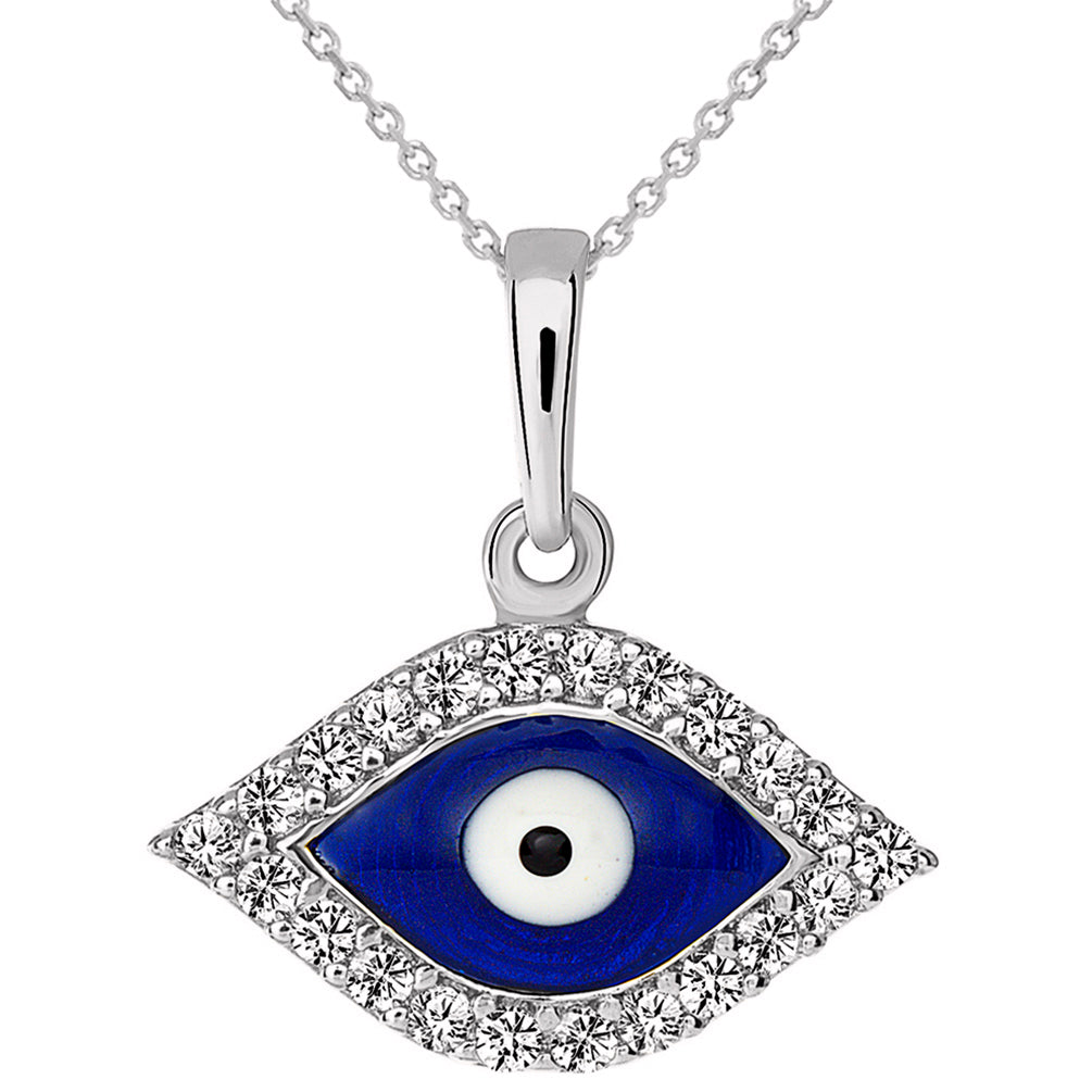 Solid 14k White Gold CZ Nazar Evil Eye Charm Pendant Necklace